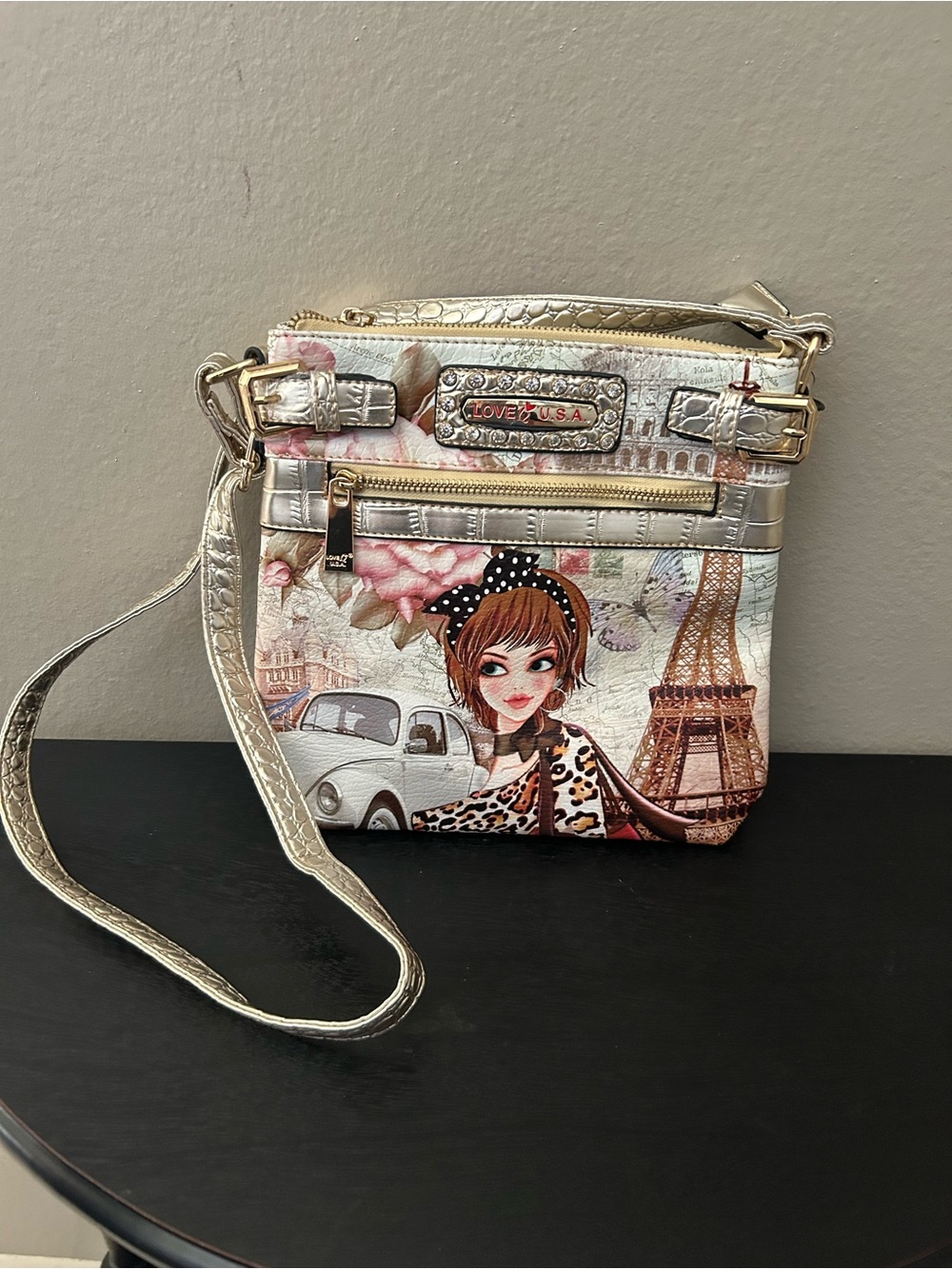 Metallic Gold Crossbody Bag with Paris Artwork